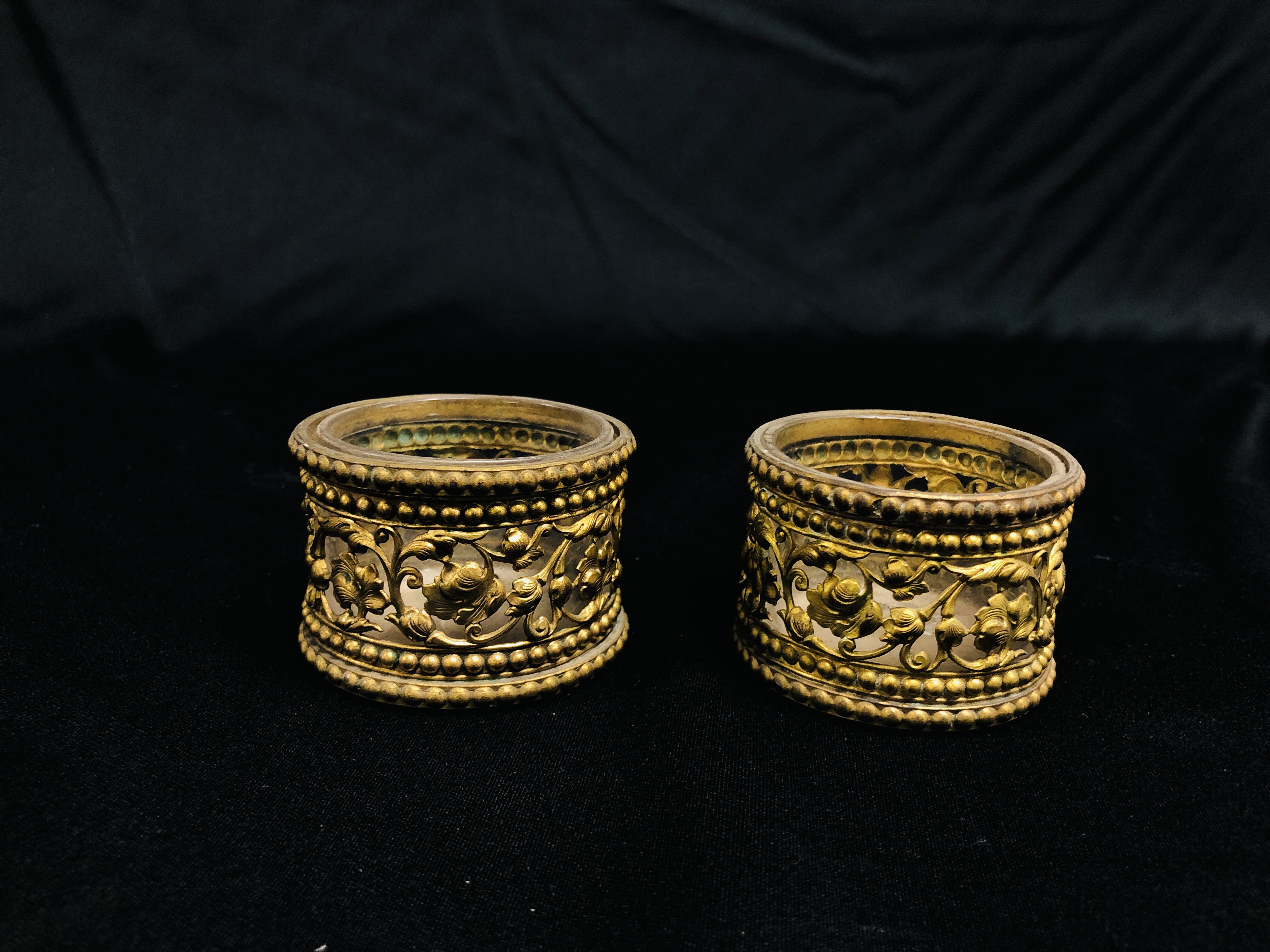 PAIR OF ANTIQUE GILT METAL SALTS WITH CLEAR GLASS LINERS