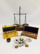 TWO CASED SETS OF VINTAGE BRASS WEIGHTS ALONG WITH VARIOUS VINTAGE WEIGHTS TO INCLUDE COIN,