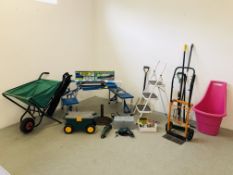 QUANTITY OF GARDENING EQUIPMENT TO INCLUDE FOLDING CANVAS WHEEL BARROW,