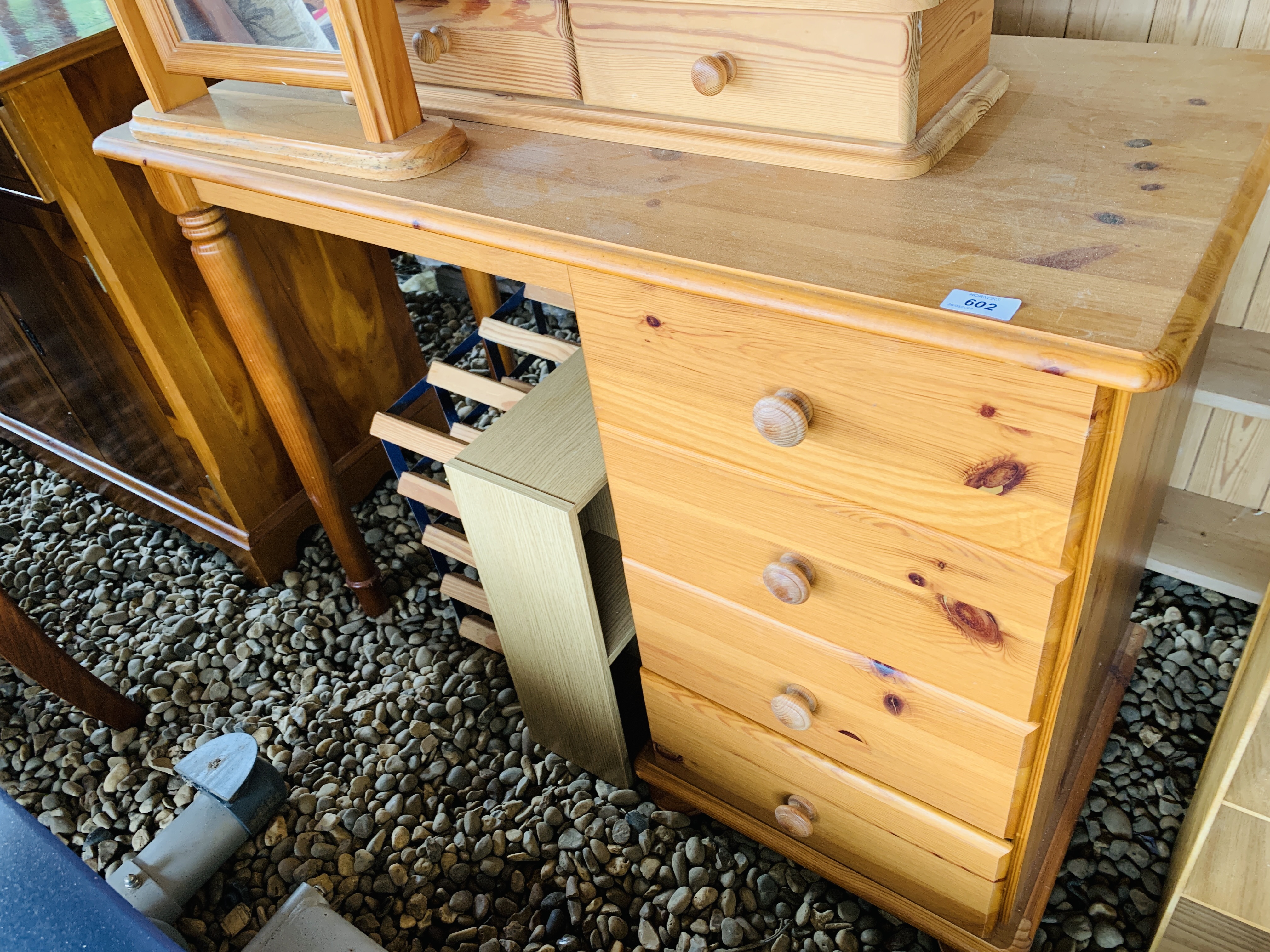 HONEY PINE 4 DRAWER DRESSING TABLE ALONG WITH A FREE STANDING MIRROR, WINE RACK, - Image 4 of 4