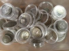 TUB OF MAINLY SILVER COINS IN CAPSULES, GB AND OVERSEAS (37),