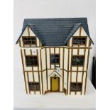 THREE STOREY DOLLS HOUSE ALONG WITH VARIOUS MINIATURE DOLLS HOUSE FURNITURE H 69CM, W 59CM, D 42CM.