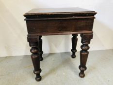 ANTIQUE MAHOGANY HINGED TOP STOOL ON TURNED LEGS W 40CM, D 33CM, H 49CM.