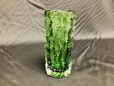 A WHITEFRIARS STYLE GREEN GLASS CYLINDRICAL VASE HEIGHT 19.