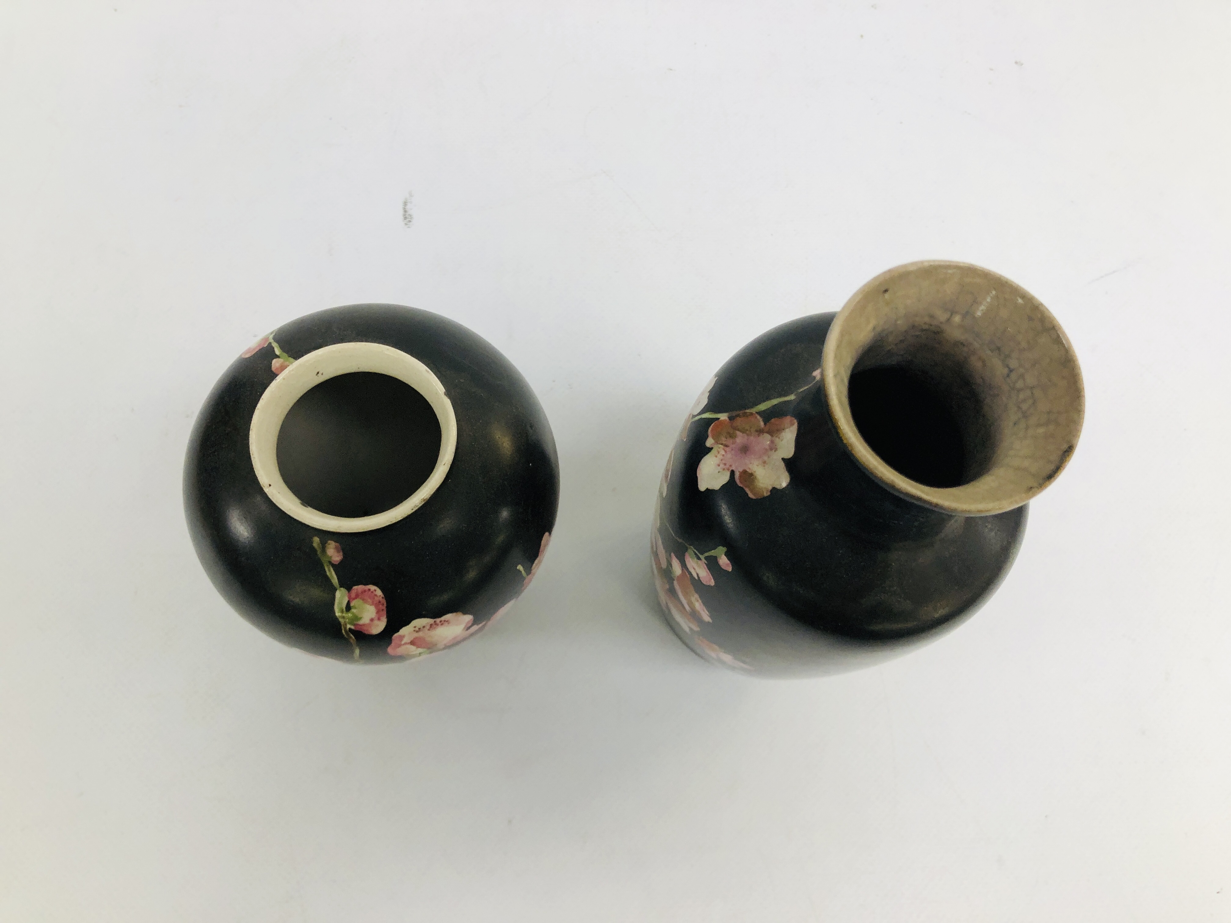 TWO SIMILAR STAFFORDSHIRE VASES DECORATED ON A BLACK GROUND WITH PRUNUS BLOSSOM, c. 1900. - Image 4 of 8