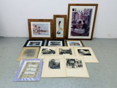COLLECTION OF MODERN FRAMED PICTURES AND PRINTS TO INCLUDE A COUPLE SEATED IN A FRENCH COFFEE SHOP,
