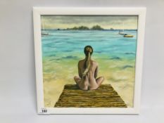 A FRAMED AND MOUNTED OIL ON CANVAS "DOCK OF A BAY" SIGNED KRYS LEACH HEIGHT 29.5CM. WIDTH 29.