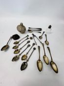 SET OF 6 VINTAGE SILVER SPOONS AND ONE OTHER, SILVER TONGS + 6 VARIOUS WHITE METAL SPOONS AND TONGS,