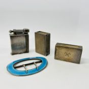 VINTAGE WHITE METAL CIGARETTE LIGHTER "THE ROLLER" ALONG WITH TWO SILVER MATCHBOX CASES AND SILVER