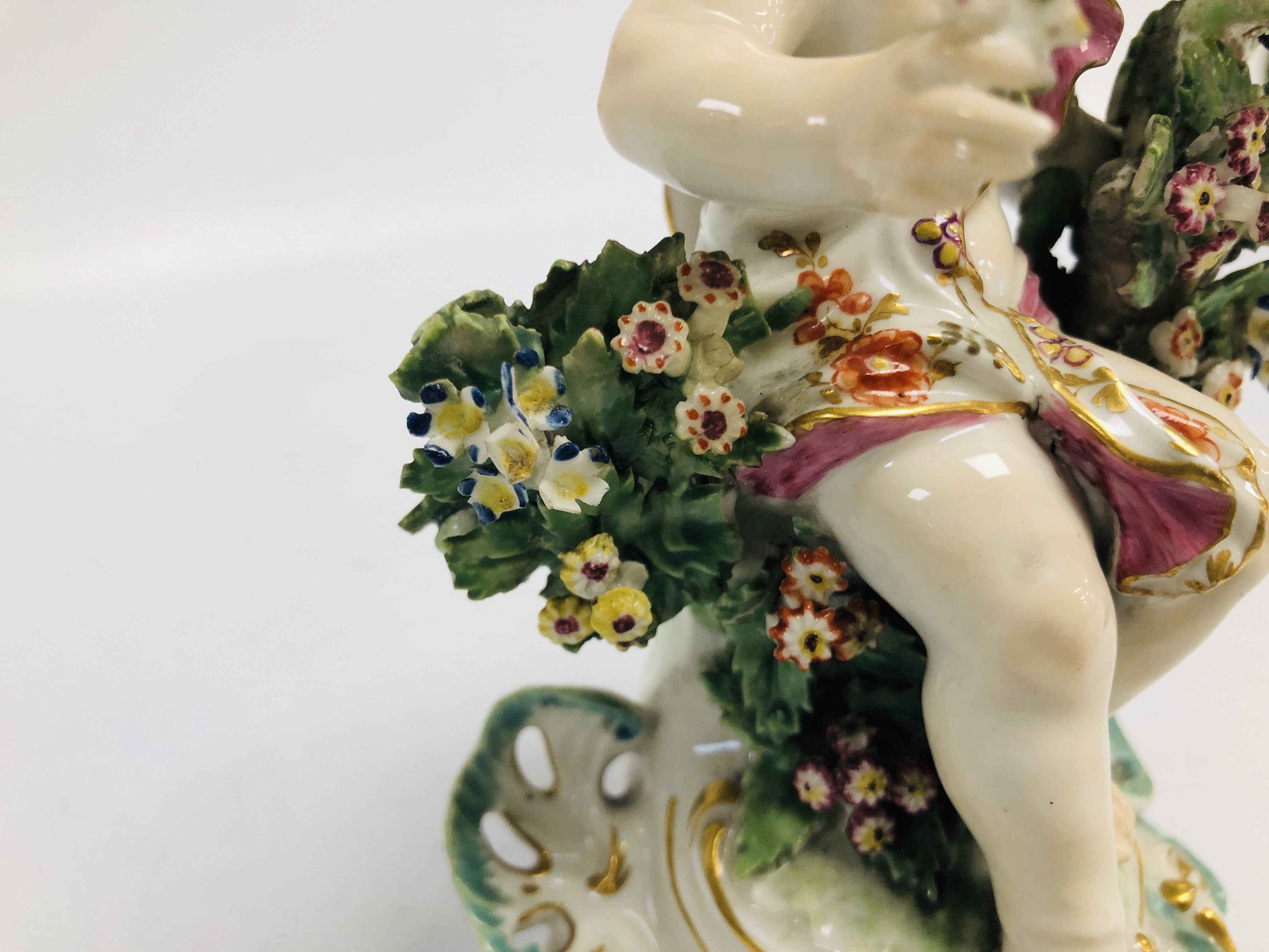 A PAIR OF DERBY FIGURAL CANDLESTICKS, THE SEATED BOY AND GIRL HOLDING A BASKET OF FLOWERS, H 17. - Image 17 of 24