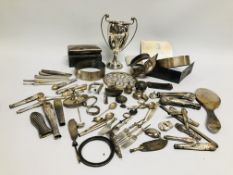 BOX OF ASSORTED SCRAP SILVER TO INCLUDE CUTLERY HANDLES, TROPHY BANDS, 2 HANDLED TROPHY CUP ETC.