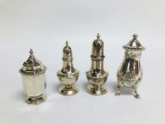 FOUR VARIOUS SILVER PEPPER POTS