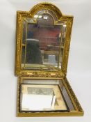 DECORATIVE ORNATE GILT FRAMED WALL MIRROR ALONG WITH A FRAMED VINTAGE PHOTOGRAPH WITH LACE SURROUND