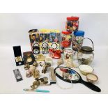 BOX OF VINTAGE COLLECTIBLES TO INCLUDE 3 JARS OF BADGES, BISCUIT BARREL AND GLASS MARBLES,