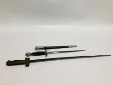 AN ANTIQUE BAYONET AND REPRODUCTION DISPLAY DAGGER - COLLECTION IN PERSON ONLY.