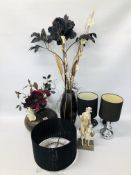 COLLECTION OF HOME DECORATIVE ITEMS TO INCLUDE WOODEN VASES WITH ARTIFICIAL FLOWERS,