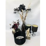 COLLECTION OF HOME DECORATIVE ITEMS TO INCLUDE WOODEN VASES WITH ARTIFICIAL FLOWERS,