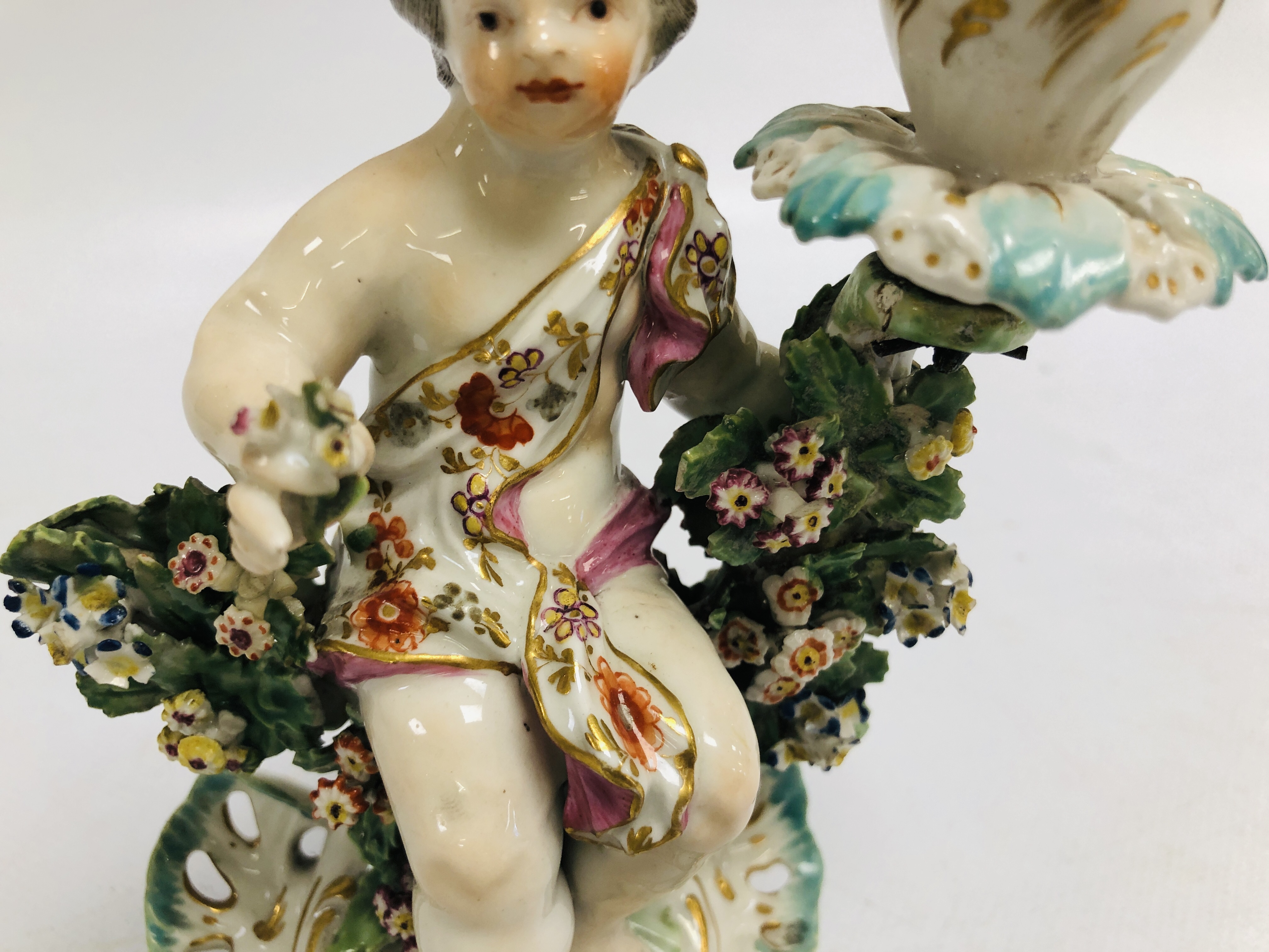 A PAIR OF DERBY FIGURAL CANDLESTICKS, THE SEATED BOY AND GIRL HOLDING A BASKET OF FLOWERS, H 17. - Image 16 of 24