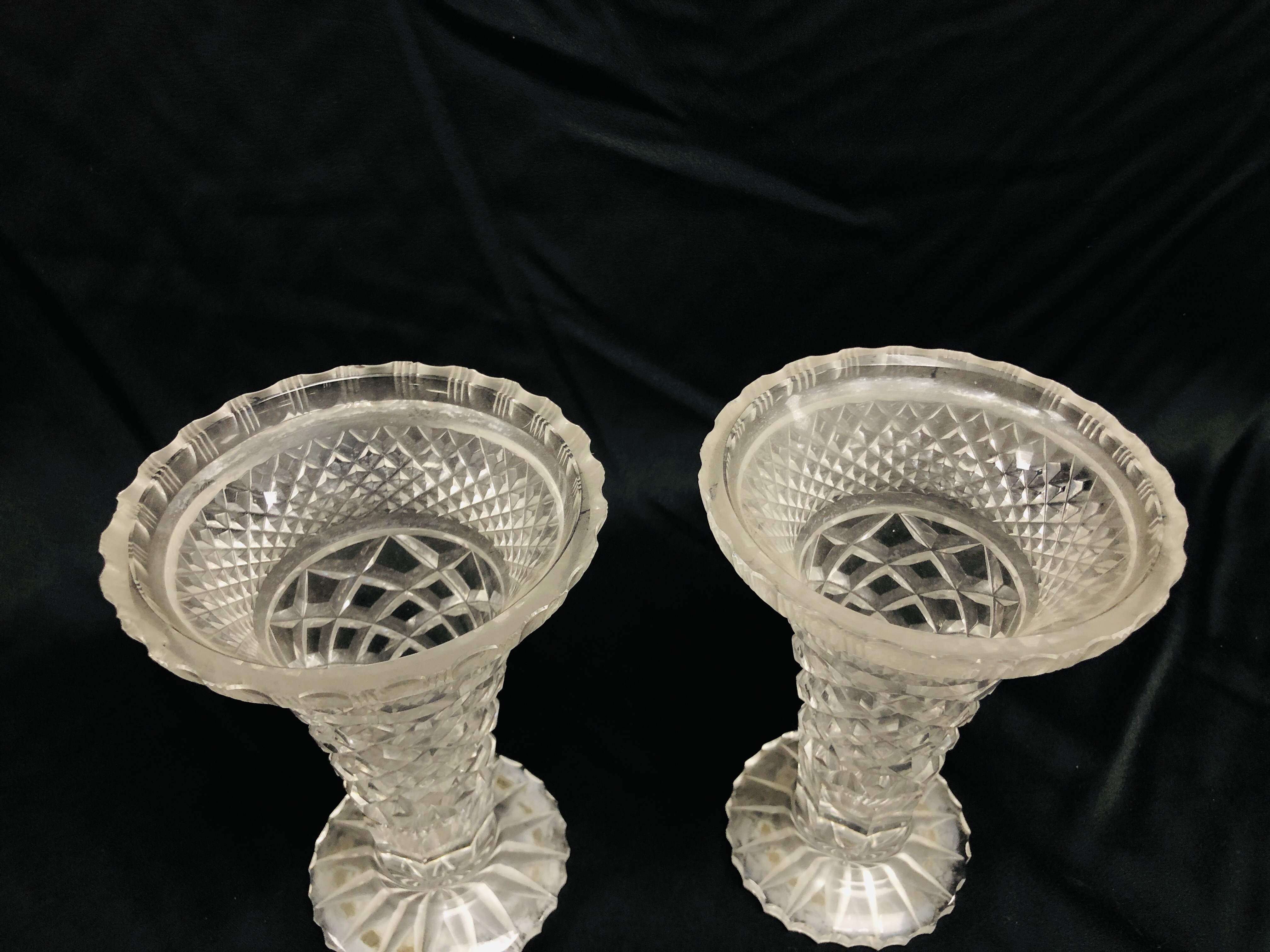 PAIR OF C19TH HOBNAIL CUT TRUMPET VASES HEIGHT 18.5CM. - Image 2 of 3