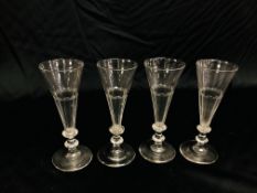 FOUR C19th FLUTES (1 HAVING RIM CHIP) H 16.5CM.