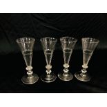 FOUR C19th FLUTES (1 HAVING RIM CHIP) H 16.5CM.