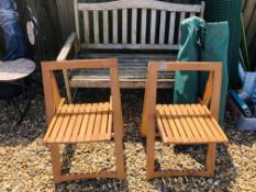 WOODEN GARDEN BENCH, PAIR OF HARDWOOD FOLDING CHAIRS + 2 FOLDING CAMPING CHAIRS.