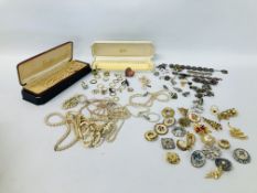 BOX OF COSTUME JEWELLERY INCLUDING VINTAGE FAUX PEARL BEADS, VINTAGE BADGES,