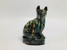 A MODERN POTTERY MODEL OF A SITTING CAT IN WHIELDON STYLE, 15.5CM (EAR NIBBLES).