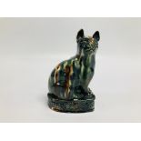 A MODERN POTTERY MODEL OF A SITTING CAT IN WHIELDON STYLE, 15.5CM (EAR NIBBLES).