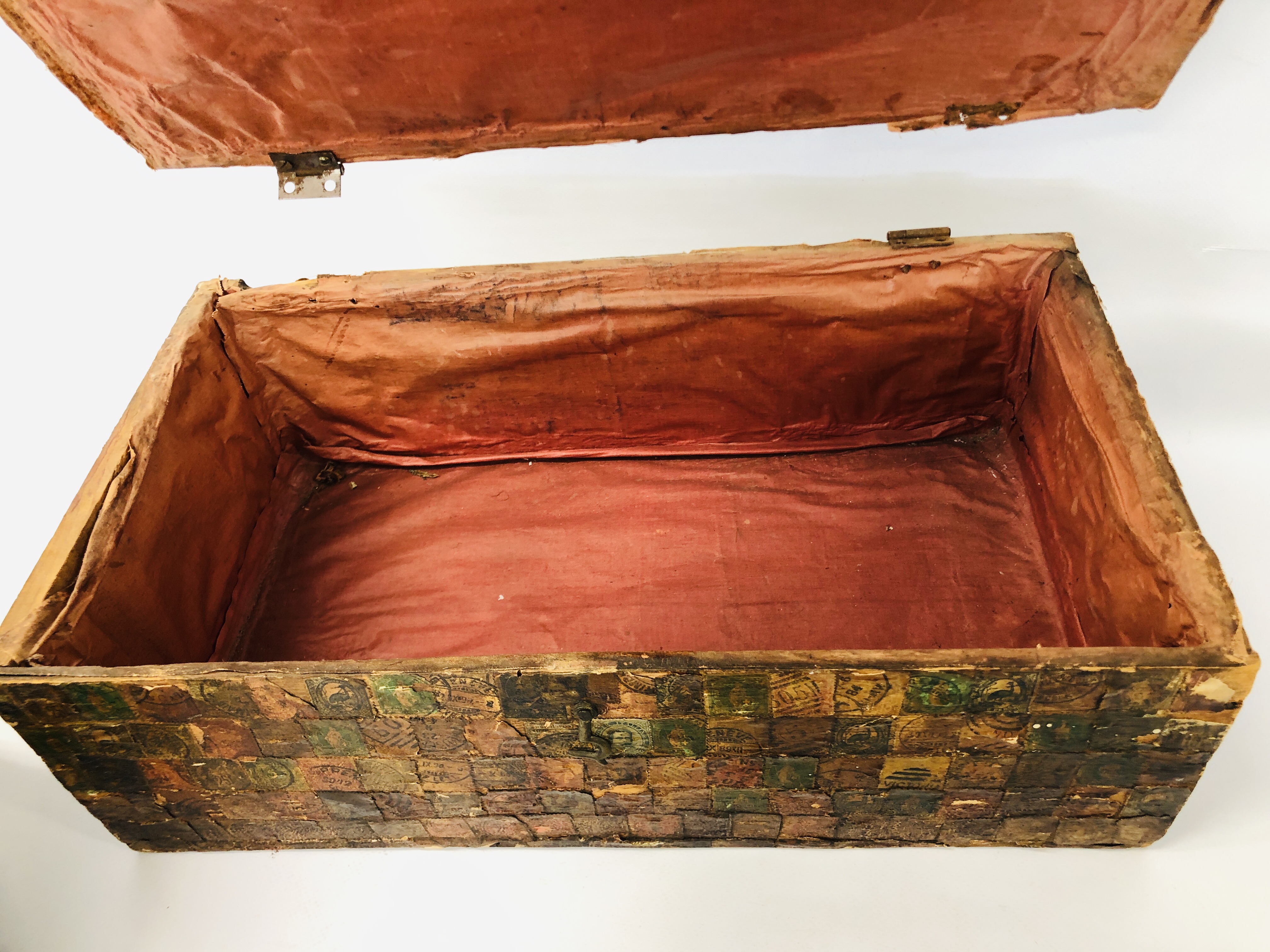 WOODEN BOX COVERED IN POSTAGE STAMPS, VINTAGE BRASS SCALES, BRASS BOUND BRANDY BARREL, - Image 11 of 13