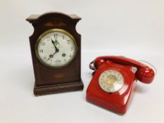 EDWARDIAN INLAID MANTEL CLOCK, FABRIC FACE MARKED KNIGHTSBRIDGE LODGE HEIGHT 29CM.