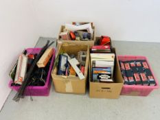 5 X BOXES OF ASSORTED TRAIN RELATED BOOKS, MAGAZINES, TRACK, TRACK SIDE BUILDINGS,