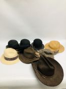 WICKER BASKET OF ASSORTED VINTAGE HATS TO INCLUDE THREE BOWLER HATS TO INCLUDE H.