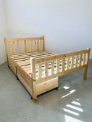 PINE DOUBLE BED FRAME WITH PULL OUT STORAGE DRAWERS.