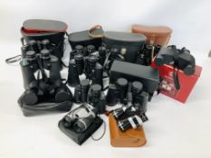 BOX OF ASSORTED MODERN AND VINTAGE BINOCULARS.