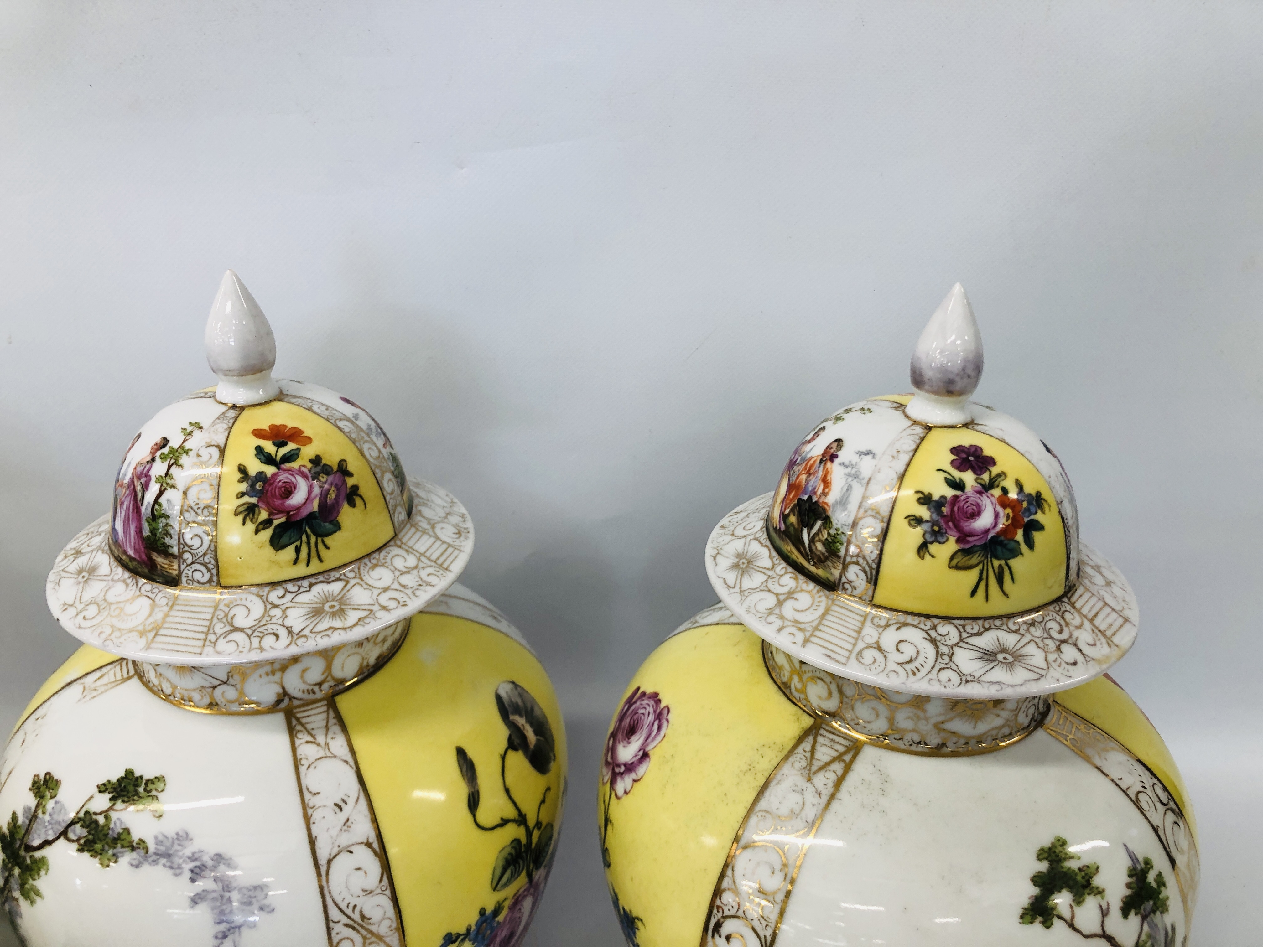 PAIR OF DECORATIVE CONTINENTAL LIDDED URNS, DECORATED WITH CLASSICAL FIGURES AND FLOWER, - Image 2 of 12