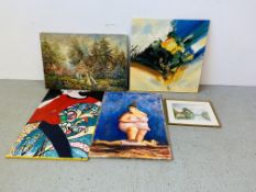 4 X VARIOUS MODERN ART OIL ON CANVAS PICTURES TO INCLUDE ABSTRACT AND COUNTRY GARDEN + FRAMED