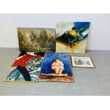 4 X VARIOUS MODERN ART OIL ON CANVAS PICTURES TO INCLUDE ABSTRACT AND COUNTRY GARDEN + FRAMED