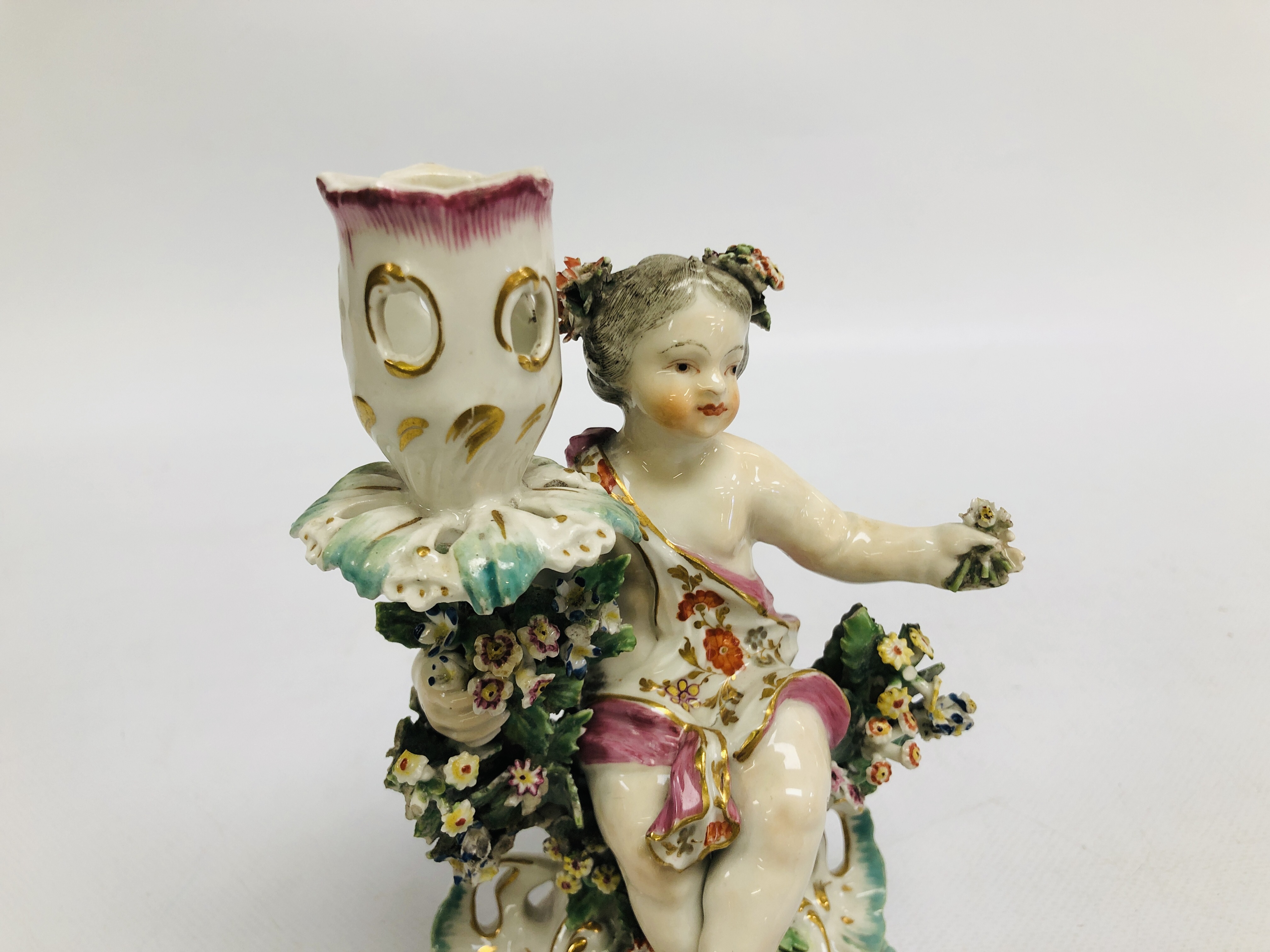 A PAIR OF DERBY FIGURAL CANDLESTICKS, THE SEATED BOY AND GIRL HOLDING A BASKET OF FLOWERS, H 17. - Image 2 of 24