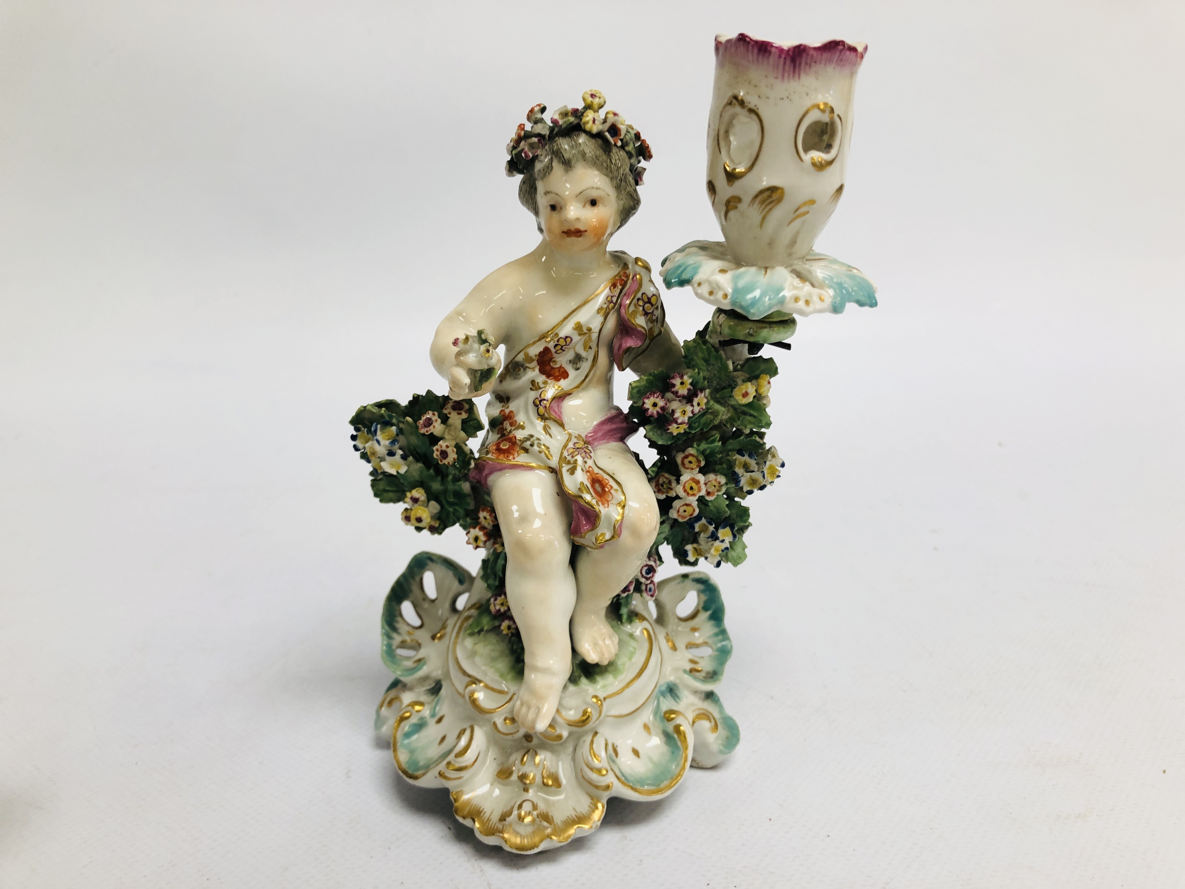 A PAIR OF DERBY FIGURAL CANDLESTICKS, THE SEATED BOY AND GIRL HOLDING A BASKET OF FLOWERS, H 17. - Image 13 of 24