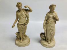 TWO C19th PARIAN FIGURES: A WOMAN IN CLASSICAL DRESS WITH A SASH OF ROSES;