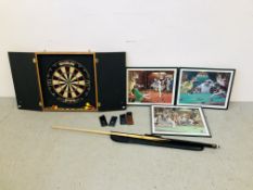 DART BOARD IN A FITTED WALL HANGING TWO DOOR CABINET ALONG WITH VARIOUS DARTS PLUS JOHN PARROTT