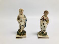 TWO STAFFORDSHIRE PEARLWARE FIGURES OF A GIRL CARRYING AN EXOTIC BIRD, ONE FIGURE REPAIRED, 12.