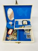 JEWELLERY BOX AND CONTENTS TO INCLUDE FINE CROSS PENDANT AND CHAIN MARKED 9K ALONG WITH VARIOUS