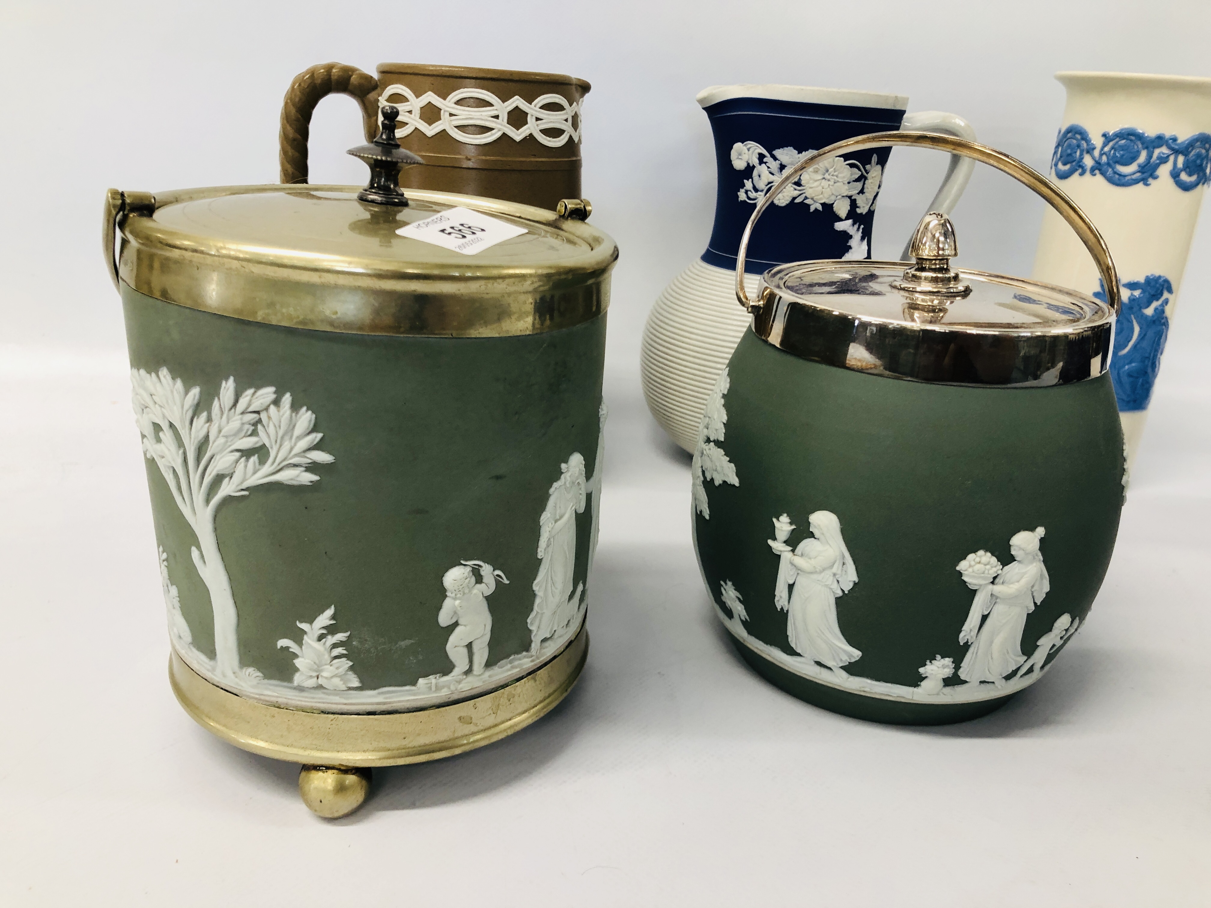 COLLECTION OF VINTAGE JASPERWARE AND WEDGWOOD ITEMS TO INCLUDE BISCUIT BARRELS, JUGS ETC. - Image 4 of 5