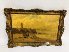 JOHN MOGFORD: CROMER FROM THE BEACH, WITH FIGURES, OIL ON CANVAS, SIGNED AND DATED 1877,