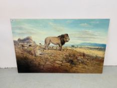 A MOUNTED OIL ON BOARD LION & LIONESS ON THE PLAIN BEARING SIGNATURE J.G.MACE.