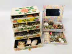 TWO BOXES OF ASSORTED VINTAGE AND COSTUME JEWELLERY, BEADS, BROOCHES AND WATCHES, ETC.