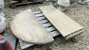 A LARGE HALF MOON YORKSTONE SLAB SIZE 61 X 122CM.