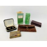 TWO BALMAIN SCENTS IN ORIGINAL PACKAGING, CUFF LINKS, WALLET AND A PURSE MARKED ASPREY LONDON ETC.